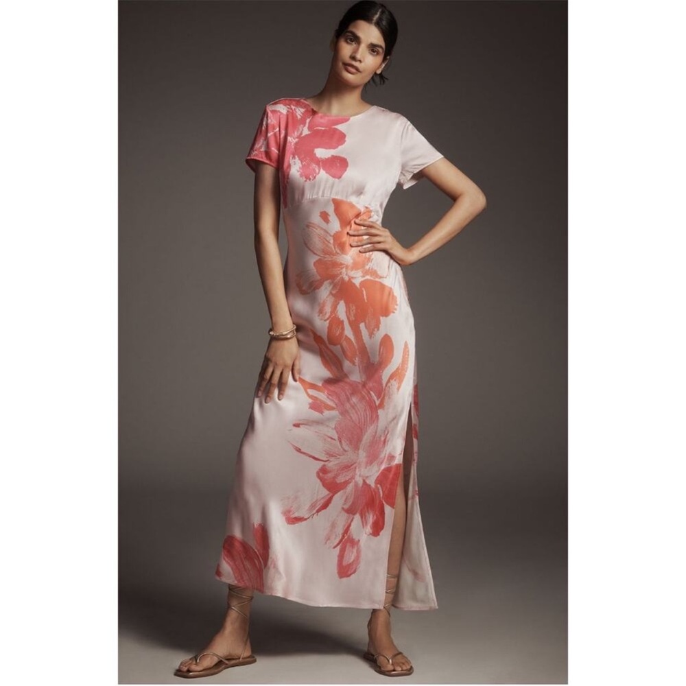 Anthropologie Floral Satin Maxi Slip Dress Pink Combo